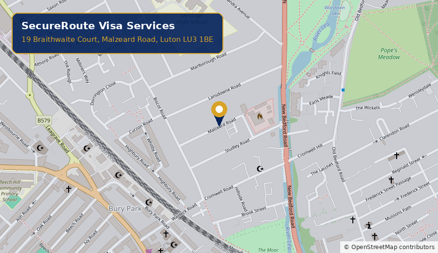 Map showing SecureRoute Visa Services at 19 Braithwaite Court, Malzeard Road, Luton LU3 1BE